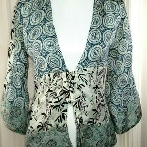 Boho Floral Kimono Blue Sz S Silk Bell Sleeves